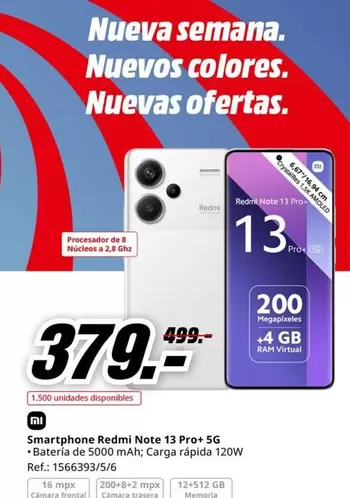 Oferta de Xiaomi - Smartphone Redmi Note 13 Pro+ 5g por 379€ en MediaMarkt