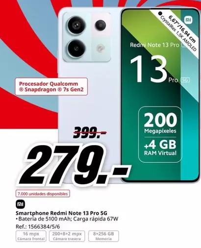 Oferta de Xiaomi - Smartphone Redmi Note 13 Pro 5g por 279€ en MediaMarkt