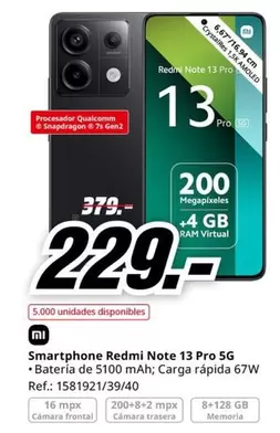 Oferta de Xiaomi - Smartphone Redmi Note 13 Pro 5g por 229€ en MediaMarkt