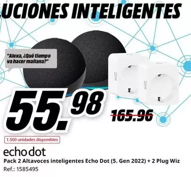 Oferta de Pack 2 Altavoces Inteligentes Echo Dot 5 Gen 2022) + 2 Plug Wiz por 55,98€ en MediaMarkt