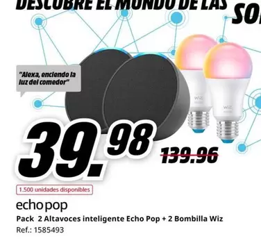 Oferta de Pack 2 Altavoces Inteligente Echo Pop + 2 Bombilla Wiz por 39,98€ en MediaMarkt