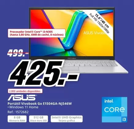 Oferta de Intel - Portátil Vivobook E1504GA-Nj546W por 425€ en MediaMarkt