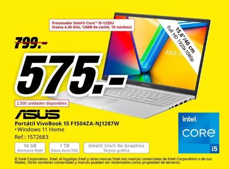 Oferta de Intel - Portátil Vivobook 15 F1504ZA-NJ1287W por 575€ en MediaMarkt