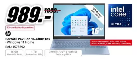 Oferta de HP - Portátil Pavilion 16-a0011ns por 989€ en MediaMarkt