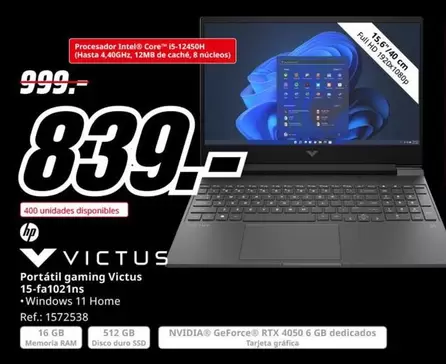 Oferta de HP - Portátil Gaming Victus 15-fa10zins Windows 11 Home por 839€ en MediaMarkt