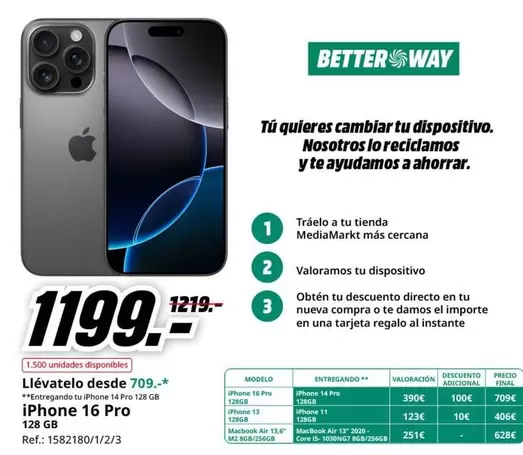 Oferta de Iphone 16 Pro por 1199€ en MediaMarkt