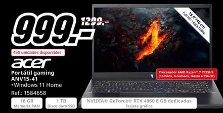 Oferta de Acer - Portátil Gaming Avvis-41 por 999€ en MediaMarkt