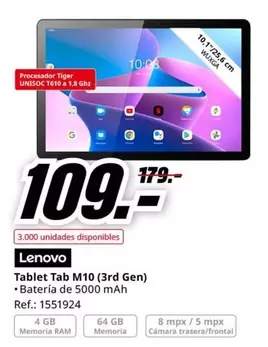 Oferta de Lenovo - Tablet Tab M10 (3rd Gen) por 109€ en MediaMarkt