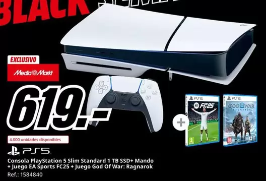 Oferta de PlayStation - Consola Playstation 5 Slim Standard 1 Tg Ssd+ Mando + Juego Ea Sports FC23+ Juego Go GT War- Ragnarok por 619€ en MediaMarkt