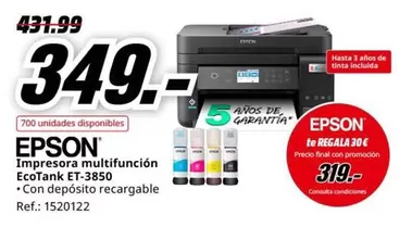 Oferta de Epson - Impresora multifuncion Ecotank ET-3850 por 349€ en MediaMarkt