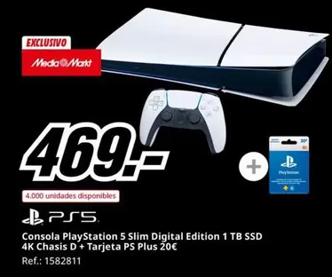 Oferta de PlayStation - Consola Playstation 5 Slim Digital Edition 1 Tb Ssd 4k Chasis D + Tarjeta Ps Plus 20 por 469€ en MediaMarkt