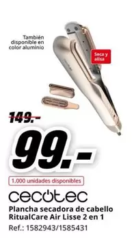 Oferta de Cecotec - Plancha Secadora De Cabello Ritualcare Air Lisse 2 En 1 por 99€ en MediaMarkt