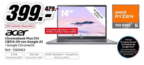 Oferta de Acer - Chromebook Plus 514 CB413-JC Con Google AI por 399€ en MediaMarkt