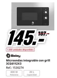 Oferta de Balay - Microondas Integrable Con Grill 3CG6112X3 por 145€ en MediaMarkt