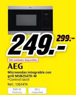 Oferta de AEG - Microondas Integrable Con Grill MSB25470-M por 249€ en MediaMarkt