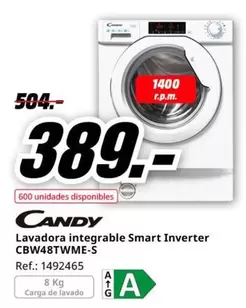 Oferta de Candy - Lavadora Inegrable Smart Inverter Cbw48twmem-s por 389€ en MediaMarkt