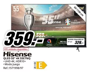 Oferta de Hisense - Qled 55" 4k 55e7qq por 359€ en MediaMarkt