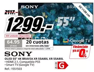 Oferta de Sony - Oled 55" 4k Bravia XR 55A80L XR 55A80L por 1299€ en MediaMarkt