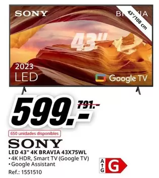 Oferta de Sony - Led 43" 4k Bravia 43x75wl por 599€ en MediaMarkt