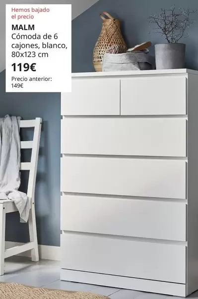 Oferta de Malm - Comoda De 6 Cajones, Blanco por 119€ en IKEA