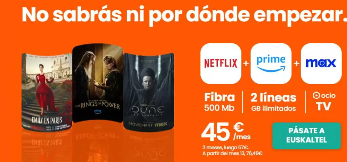 Oferta de Prime - Fibra por 45€ en Euskaltel