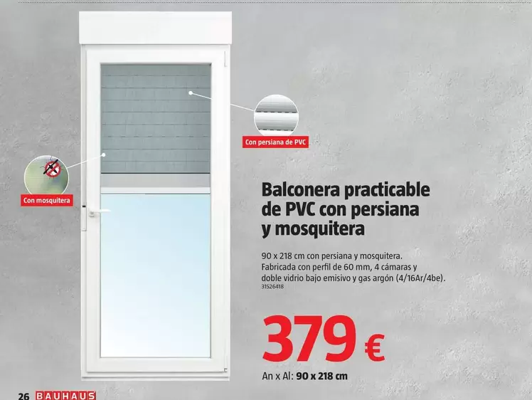 Oferta de  Balconera Practicable De PVC Amb Persiana I Mosquitera por 379€ en BAUHAUS