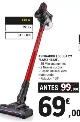 Oferta de Aspirador Escoba 2/1 Flama 1642FL por 69€ en E.Leclerc