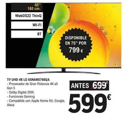 Oferta de LG - Tv UHD 4k 65NANO766QA  por 599€ en E.Leclerc