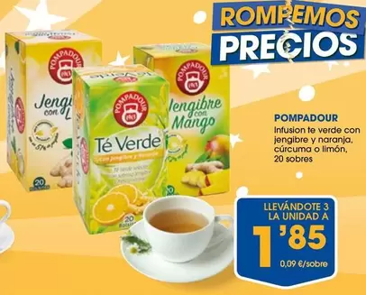 Oferta de Pompadour - Infusion Te Verde Con Jengibre Y Naranja, Curcuma O Limón, 20 Sobres por 1,85€ en Supermercados Plaza