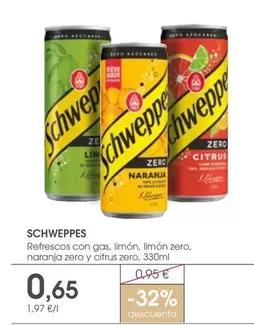 Oferta de Schweppes - Refrescos Con Gas/ Limón Zero/ Naranja Zero Y Citrus Zero por 0,65€ en Supermercados Plaza