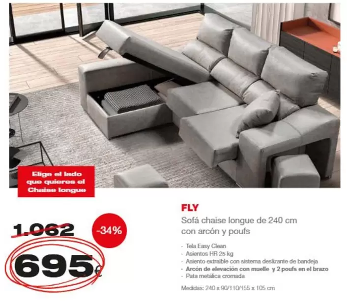 Oferta de Fly/ Sofá Chaise Longue De 240 Cm Con Arcon Y Poufs por 695€ en Expo Mobi