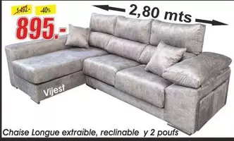 Oferta de Chaise Longue Extraíble, Reclinable Y 2 Poufs por 895€ en Hipo Gegant