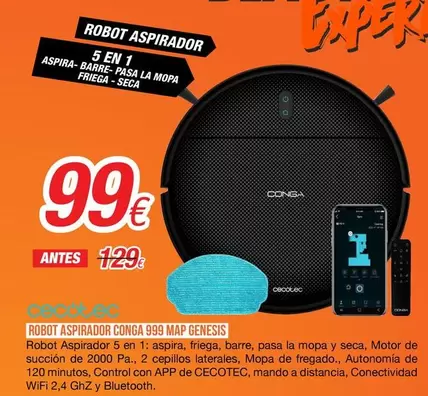 Oferta de Cecotec - Robot Aspirador Conga 999 Map Genesis por 99€ en Expert