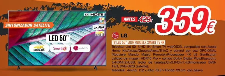 Oferta de LG - Tv Led 50" 50UR78006LK Mart TV 4K por 359€ en Expert