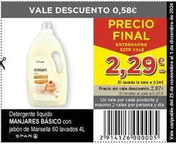 Oferta de Menjares Basico - Detergente Líquido Con Jabon De Marsella por 2,29€ en SPAR