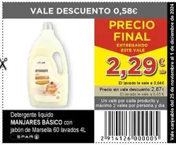 Oferta de Manjares Basico - Detergente Líquido Con Jabon De Marsella por 2,29€ en SPAR