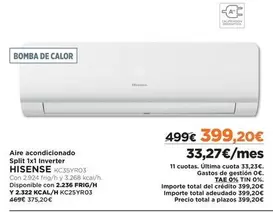 Oferta de Hisense - Aire Acondicionado Split 1x Inverter por 399,2€ en El Corte Inglés