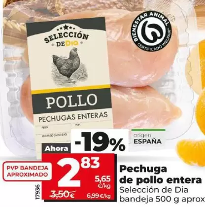 Oferta de Seleccion De Dia - Pechuga De Pollo Entera por 2,83€ en Dia