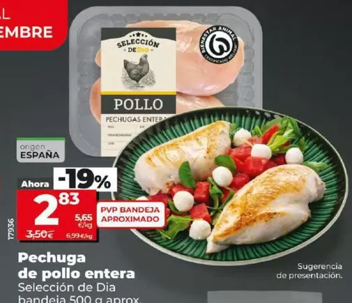 Oferta de Seleccion De Dia - Pechuga De Pollo Entera por 2,83€ en Dia