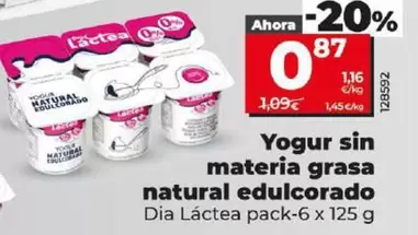 Oferta de Dia Lactea - Yogur Sin Materia Grasa Natural Edulcorado por 0,87€ en Dia