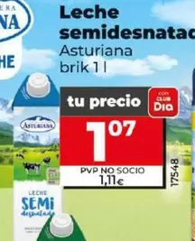 Oferta de Asturiana - Leche Semidesnatada por 1,07€ en Dia