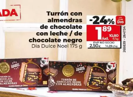 Oferta de Dia Dulce Noel - Turron Con Almendras De Chocolate Con Leche/De Chocolate Negro por 1,89€ en Dia