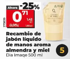 Oferta de Dia Imaqe - Recambio De Jabón Líquido De Manos Aroma Almendra Y Miel por 0,71€ en Dia