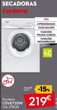 Oferta de Corberó - Secadora Csve710w por 219€ en Conforama