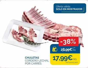 Oferta de Chuletas Cordero Lechal Por Carres por 17,99€ en Supermercados La Despensa