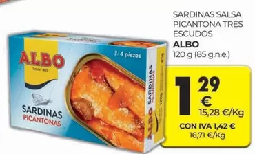 Oferta de Albo - Sardinas Salsa Picantona Tres Escudos por 1,29€ en CashDiplo