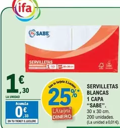 Oferta de Sabe - Servilletas Blancas 1 Capa por 1,3€ en E.Leclerc