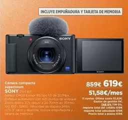 Oferta de Sony - Cámara Compacta Superzcom por 619€ en El Corte Inglés