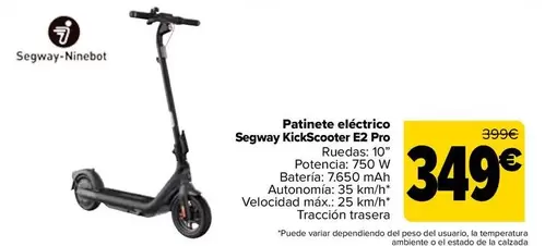 Oferta de Segway Ninebot - Patinete Eléctrico Kickscooter E2 Pro por 349€ en Carrefour