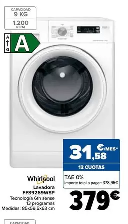 Oferta de Whirlpool - Lavadora FFS9269WSP por 379€ en Carrefour